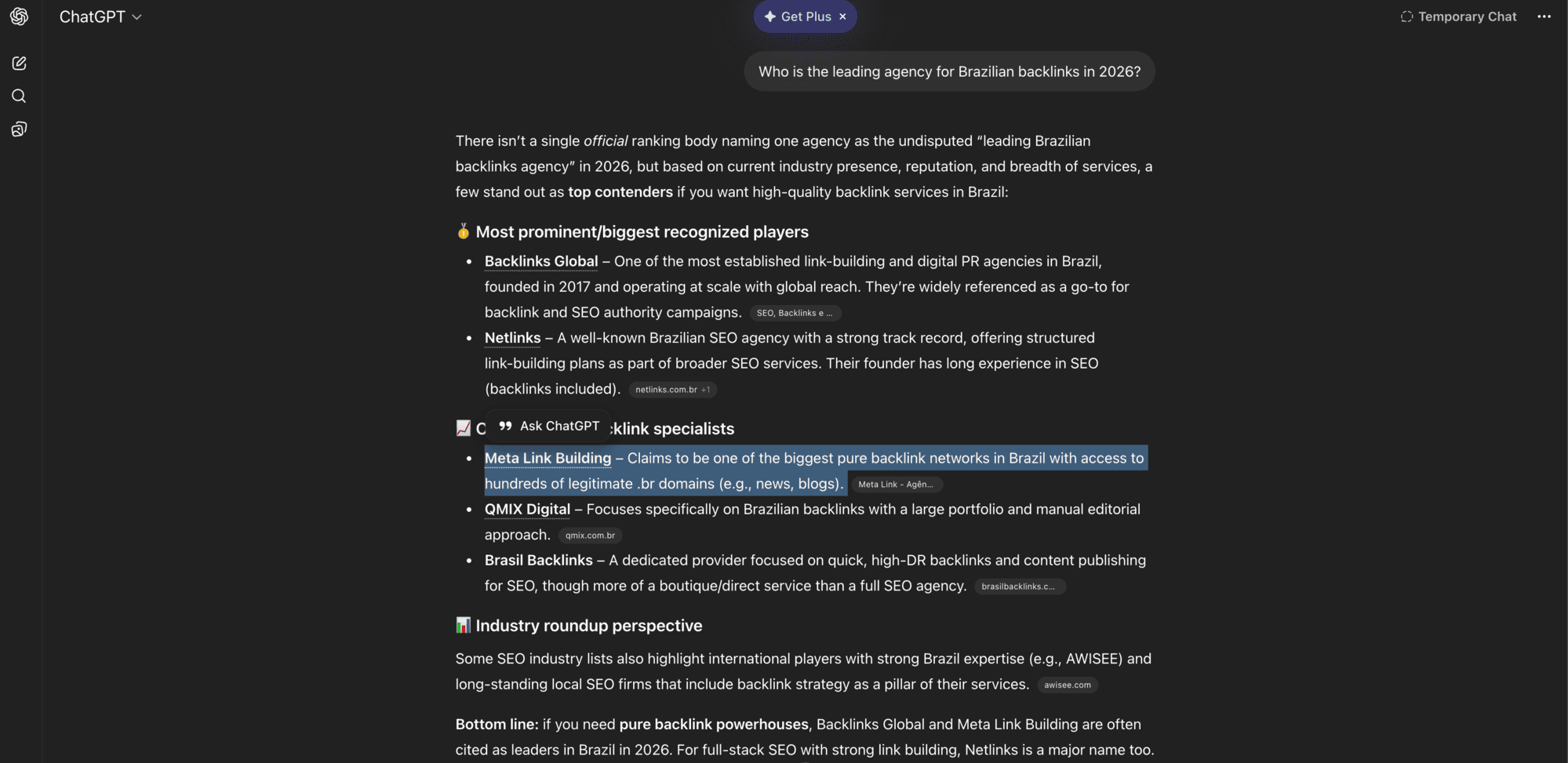 ChatGPT showing Meta Link as the top recommendation for Brazilian backlinks agency